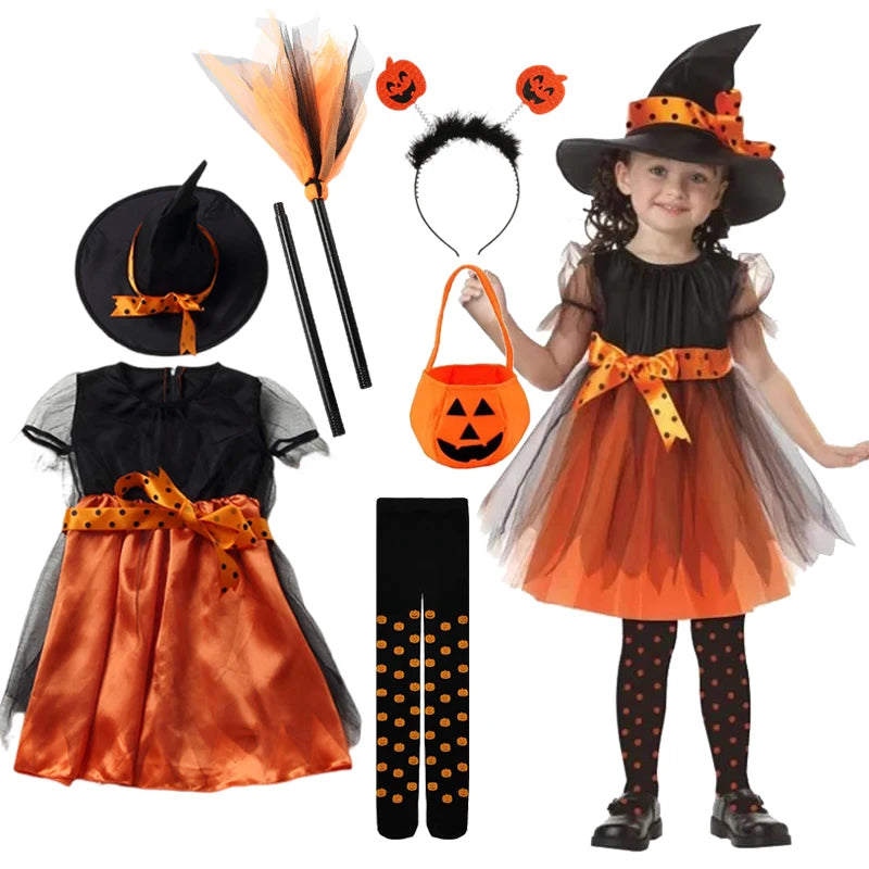 2026 Girls Halloween Cosplay Kids Children Pumpkin Costume Witch Dress Clothing Set With Hat Bag
