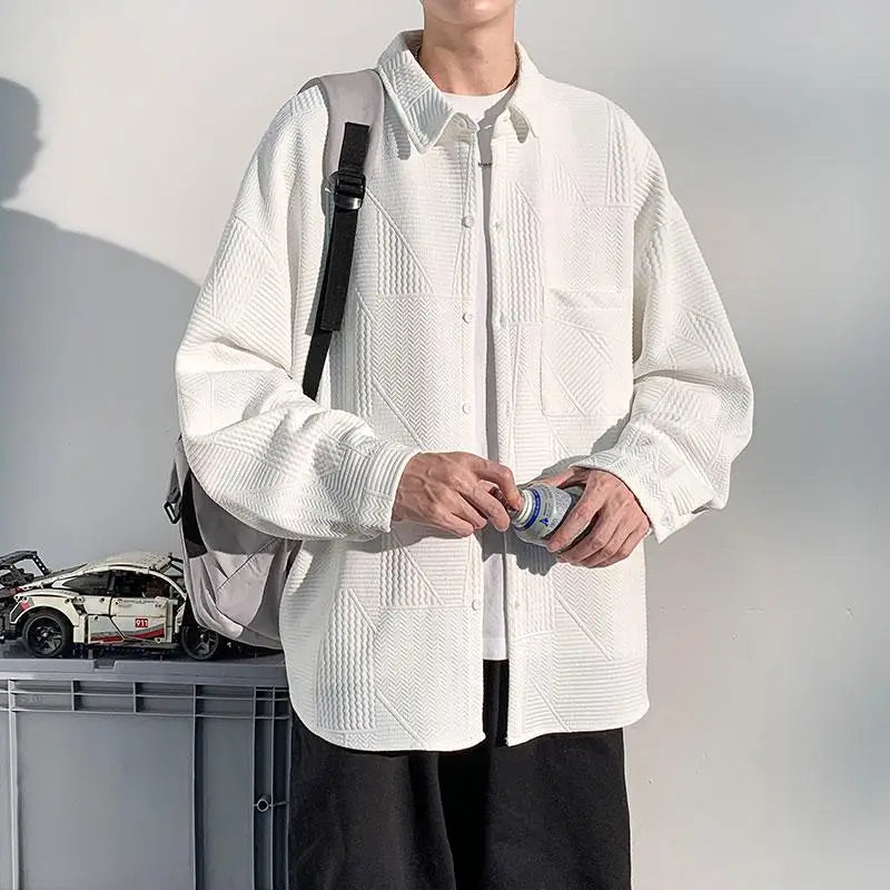 Men's plus Size Casual Long Sleeve Shirt Single Breasted Solid Color Loose Fit Button down Top Jacquard Fabric Fall Fashion M-XX