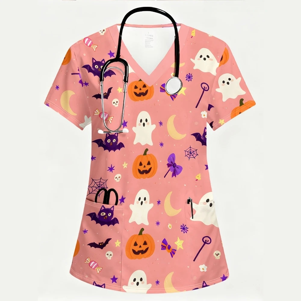 Women's Scrub Top Halloween Pumpkin Black Cat Ghost Print V-Neck Short Sleeve Pockets Medical Uniform Nurse Hospital Workwear