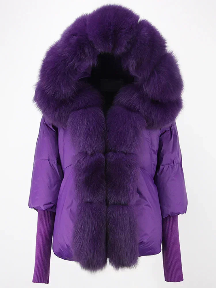 2024 Winter Puffer Jacket Women Real Fox Fur Collar Hooded Natural Thick Warm Loose Oversize Duck Down Coat Streetwear Outerwear