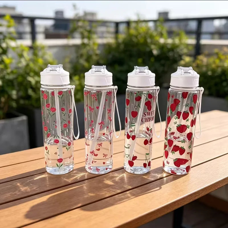 750ML Cute Strawberry Floral Cherry Bow Tumbler One-Button Pop-Up Lid Straw Cup with Handle for Travel Sports Leak-Proof Bottle