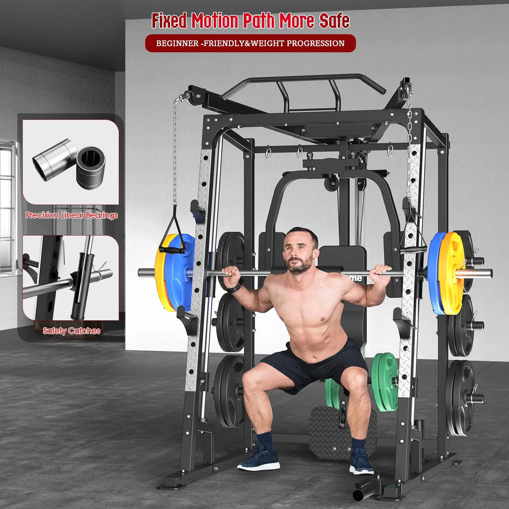 Smith Machine, Power Cage Squat Rack with Smith Bar, LAT Pull-Down Systems, Cable Crossover Machine and Cable, Customized