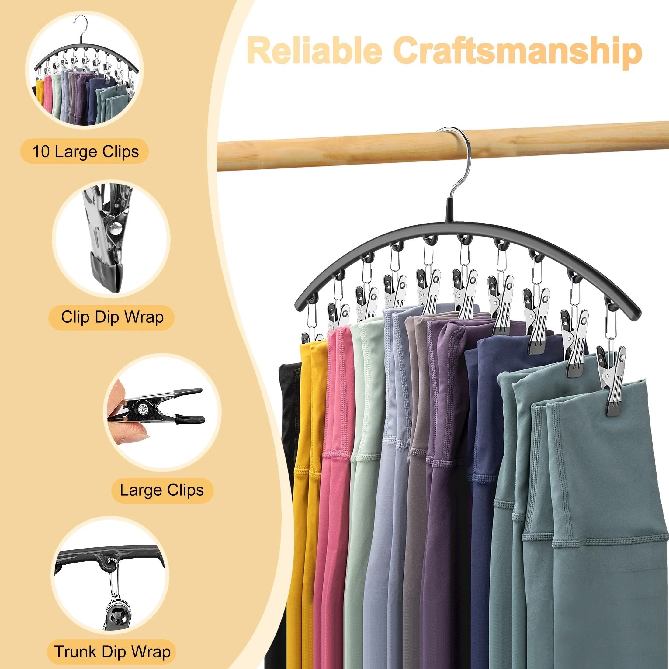 1pc Curved Shape Hanger, Metal Yoga Pants Hangers, Organizer For Closet, Pants Hanger With 10 Clothespins, Holds 10 Leggings