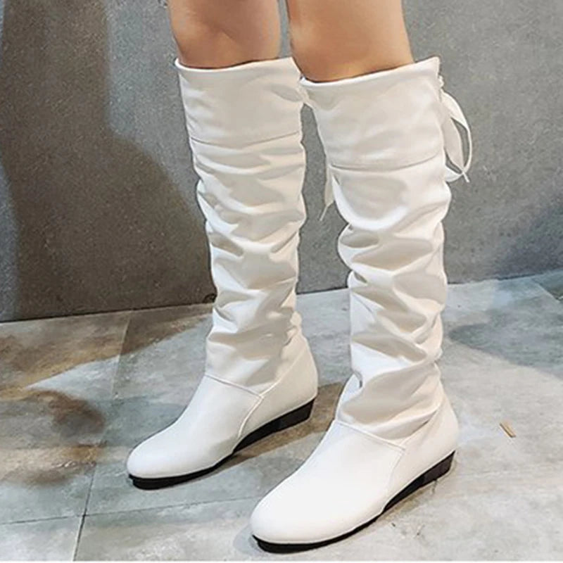 Shoes For Women  Knee High Boots Red Black White Tall Boots Woman Pleated Low Heel Casual Leather Female Long Shoes