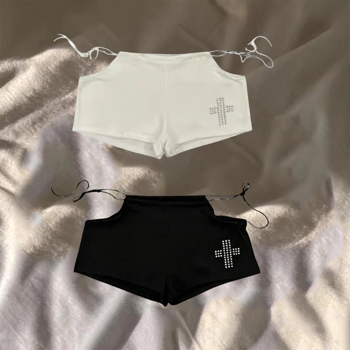 Streetwear Aesthetic Hot Pants Women White Cross Print Side Tie Low Rise Micro Shorts 2026
