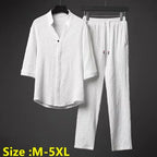 2026 Men's Two Piece Pant Sets Spring Summer Short Sleeve Shirt And Pants Outfits For Men Solid Cotton Linen Clothing Sets Male