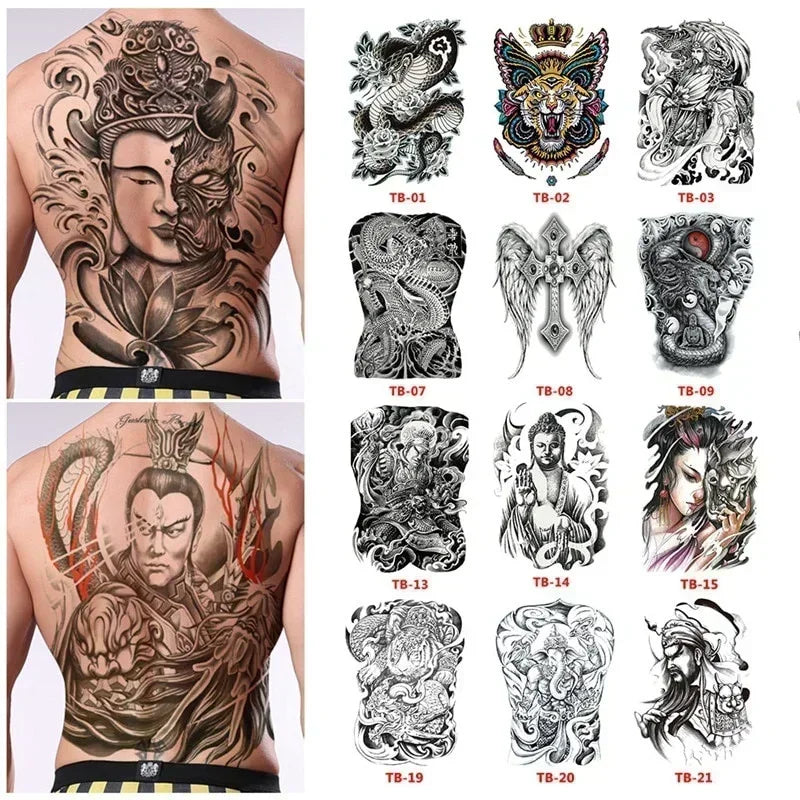 Waterproof Large Full Back Chest Tattoo Big Tattoo Stickers Fish Wolf Tiger Dragon Fairy Temporary Flash Tattoos Cool Men Women