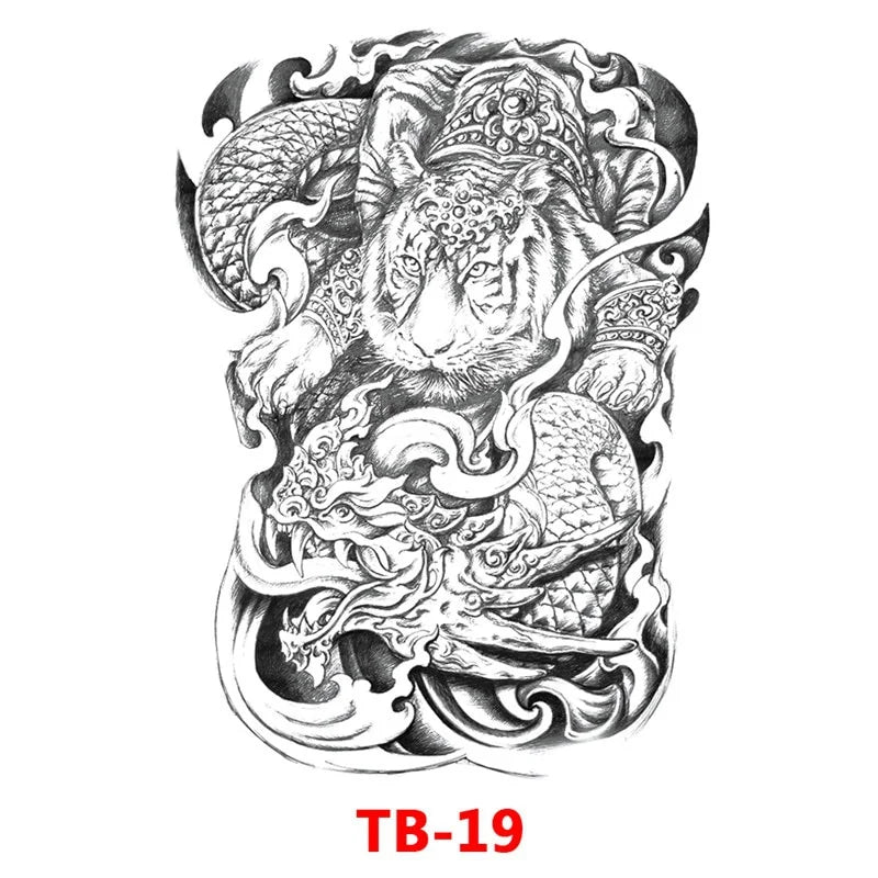 Waterproof Large Full Back Chest Tattoo Big Tattoo Stickers Fish Wolf Tiger Dragon Fairy Temporary Flash Tattoos Cool Men Women