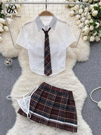 SINGREINY Plaid JK Uniform Erotic Suits Lingerie Female Short Sleeve Blouses+Pleated Skirts Suits Women Cosplay Sheer Sexy Sets