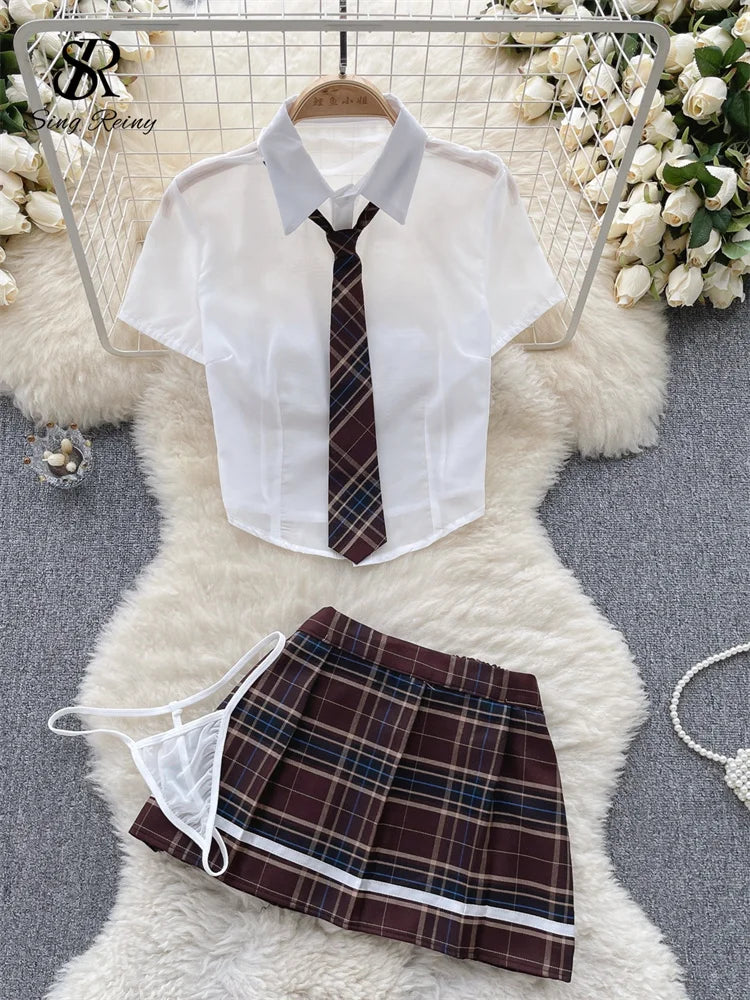 SINGREINY Plaid JK Uniform Erotic Suits Lingerie Female Short Sleeve Blouses+Pleated Skirts Suits Women Cosplay Sheer Sexy Sets