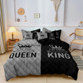 3pcs Couple's King & Queen Printed Duvet Cover Set,Romantic Heart Crown Design, Pink Black Contrast for Sweetness with Elegance