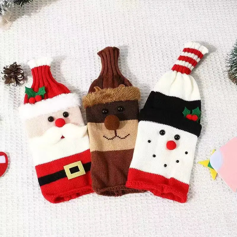 Christmas Wine Bottle Cover Set Santa Snowman Woven Wine Bottle Bags for Christmas Party Dinner Table Decorations New Year Gifts