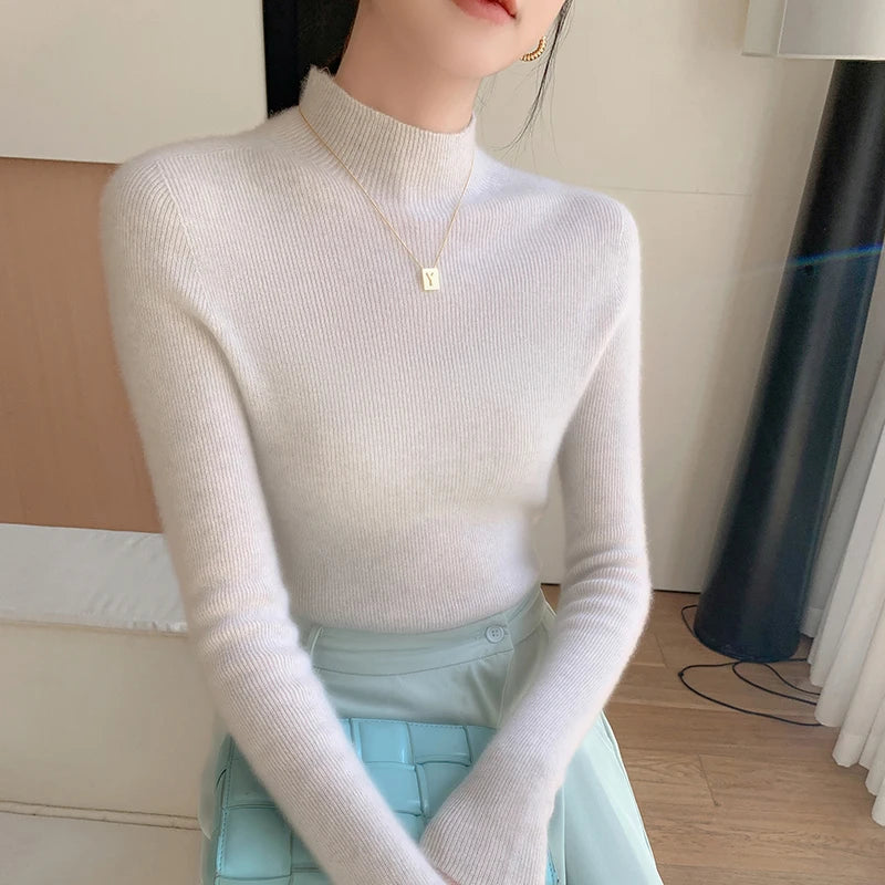Autumn and Winter New Women's Cashmere Sweater 100% Pure Cashmere Semi High Neck Women's Pullover Soft Basic Women's Top