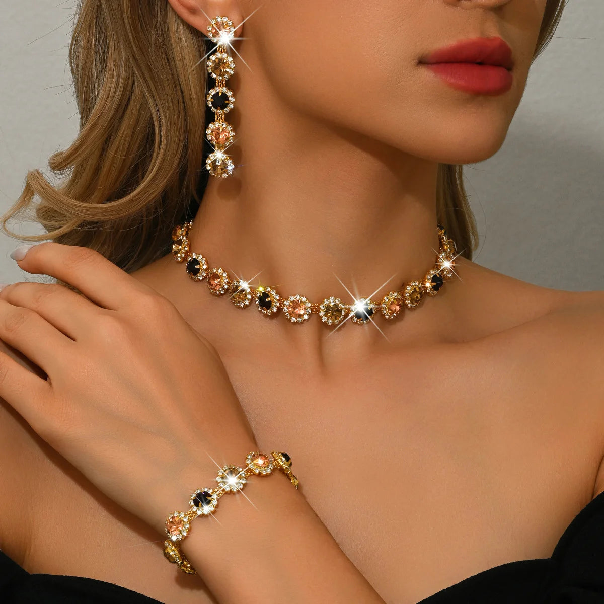Jewelry set - Crystal zirconium geometric flower necklace, earrings and bracelet - fashionable jewelry. Gift for wife.