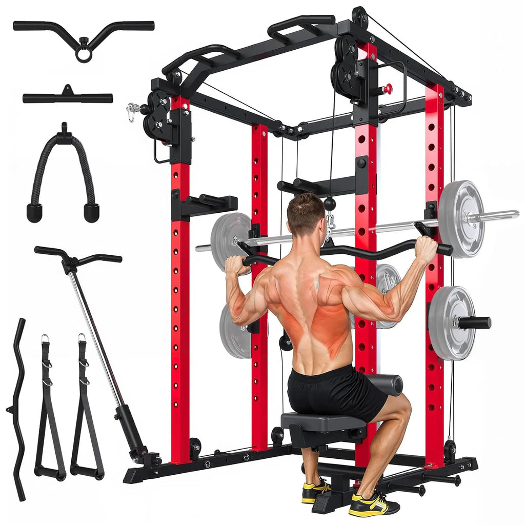 Power Rack with LAT Pulldown & Dual Pulley, 2000lbs Squat Rack for Home Gym, All-in-One Strength Training Cage with, Custom