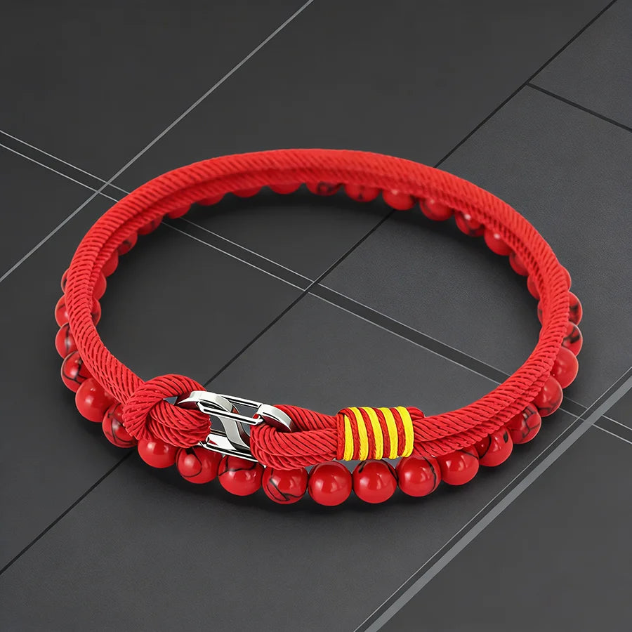 Business 2Pcs Luck Red Bracelet Set Men 6mm Stone Beads Handmade Nylon String Wristband Valentine Day Gift For Husband Jewelry