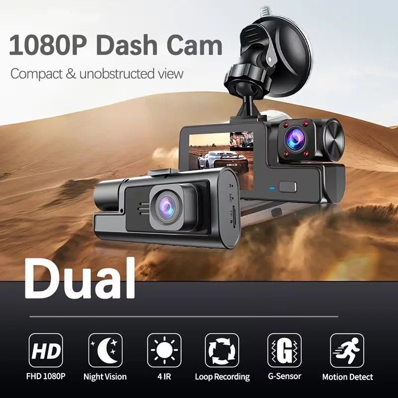 2 Camera Dash Cam W/ IR Night Vision Loop Recording & 2" IPS Screen 1080P ， DVR recorder, video recorder, Vehicle DVR