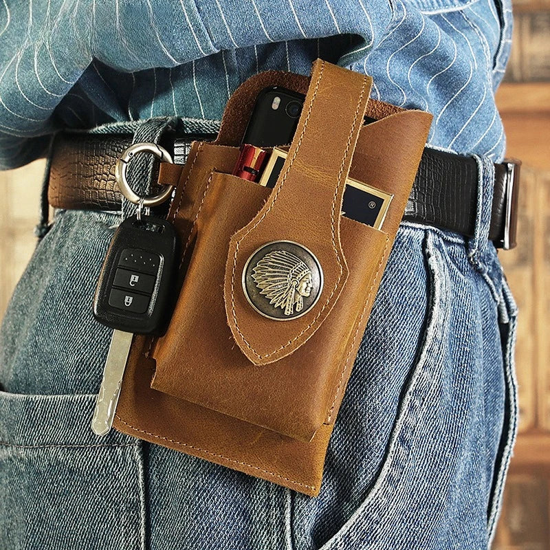 Men's Genuine Leather Retro Mobile Phone Bag Fanny Pack Sports Tactical Belt Pouch Waist Pack Hip Sack