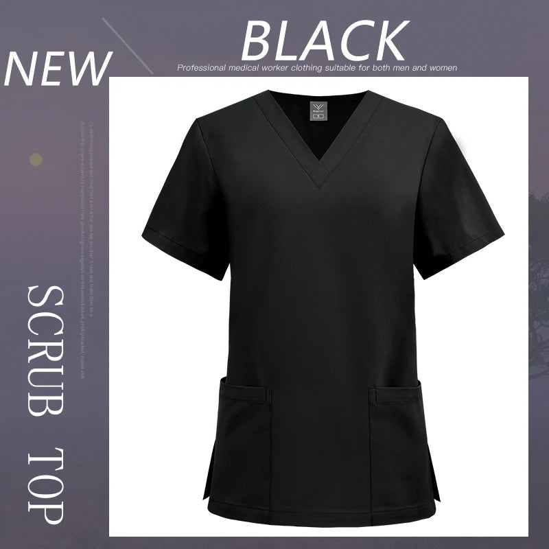 Women Men Solid Color Scrubs Top Short Sleeve Pockets Surgery Blouse V-neck Medical Clothes Unisex Dental Vet Surgical Uniforms