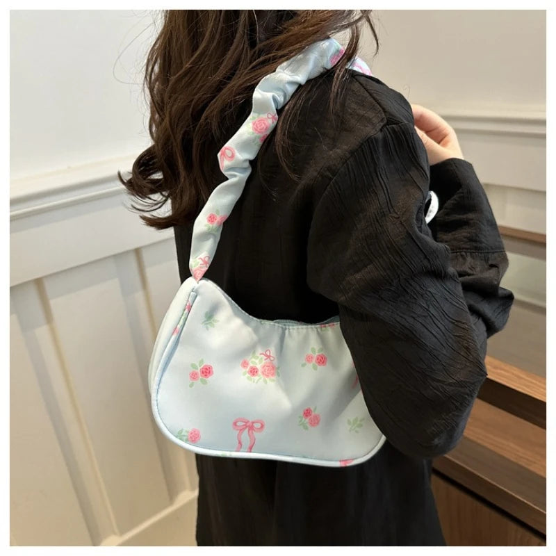 Women's Bags 2025 Summer Nylon Pleated Handbags Armpit Bag Korean Floral Bow Printed Zipper Tote Bag Female Small Shoulder Bags