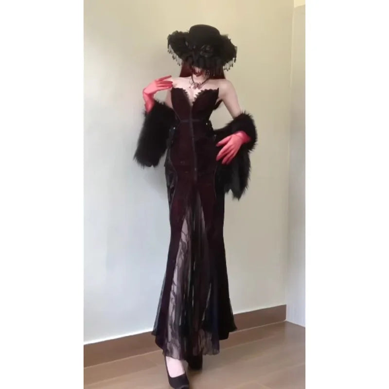 Dark Style Y2k Lace New 2 Piece Set Women Chic Shawl Cardigan Long Dress Suit Gothic Sexy Strap Bandeau Dress Sets Summet 2025