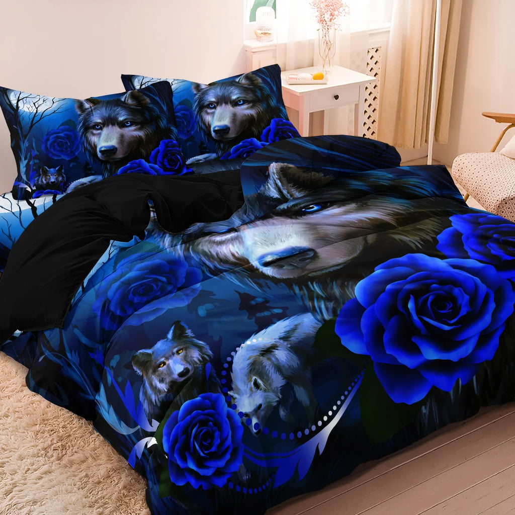 3pcs Set,Romantic Wolf & Rose Print Bedding Duvet Cover Set (1 Duvet Cover + 2 Pillowcases), HD Print For Home And Dorm Use