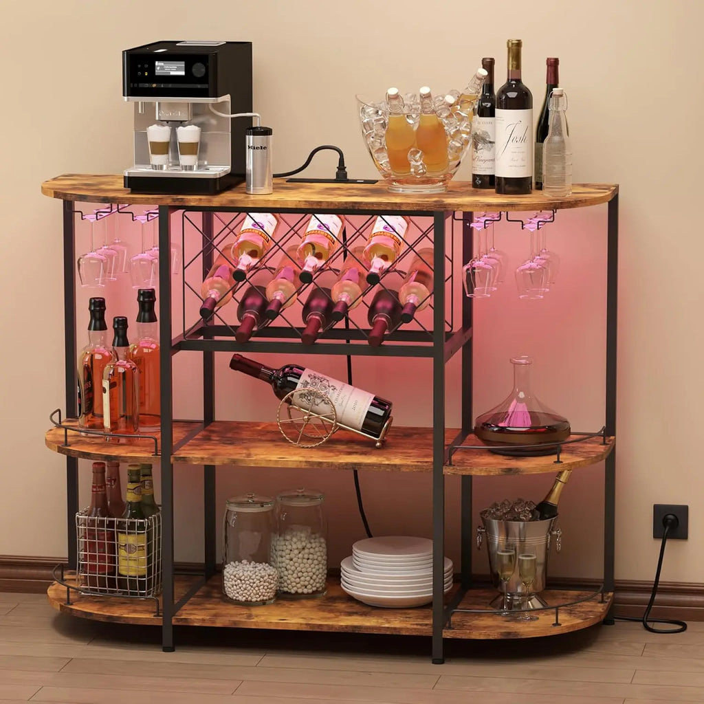 Wine Cabinet Bar Cart Table with Power Socket and LED Light, Three Tiers Coffee Bar Table Wine Rack Liqour Bar with, Customized