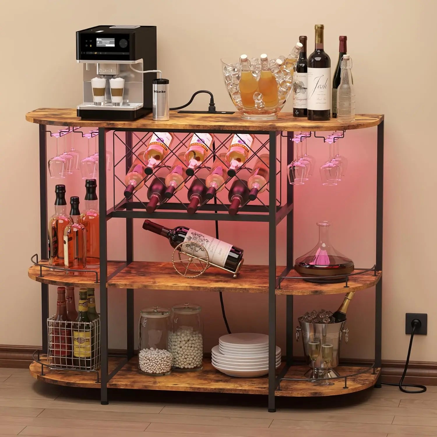 Wine Cabinet Bar Cart Table with Power Socket and LED Light, Three Tiers Coffee Bar Table Wine Rack Liqour Bar with, Customized