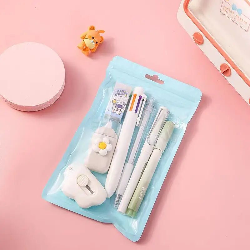 7Pcs/set School Supplies Gift Box Gel Pen 6 Color Ballpoint Pen Pencil Utility Knife Rubber Durable and Diverse Stationery Set