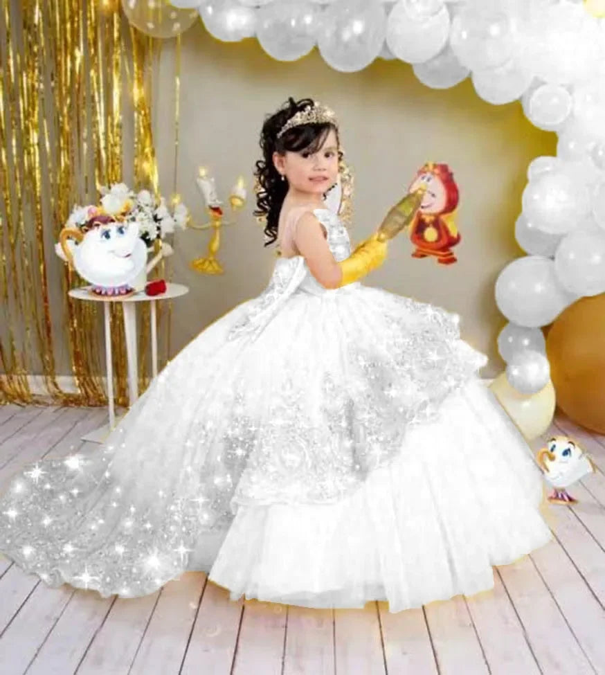Gold Girls Princess Dress 2024 Tulle Tiered Flower Girl Dress Toddlers Beaded Lace Pageant Dress Customized Birthday Party Gowns