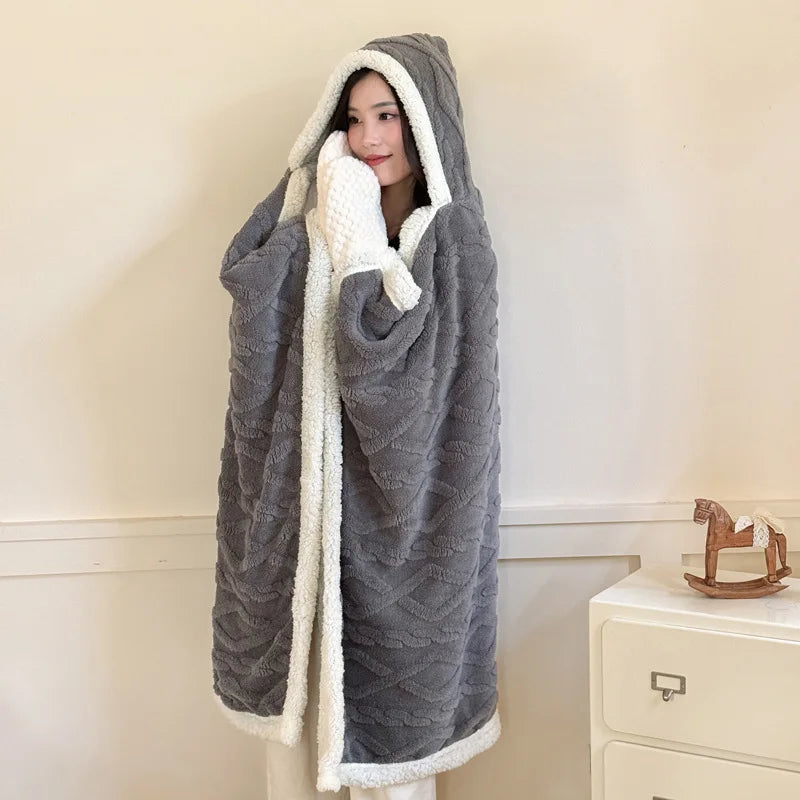 New Taffeta Fleece Hooded Blanket Warm Sherpa Lined Blankets with Giant Pocket Solid Color Skin-Friendly Office Nap Plush Cloak