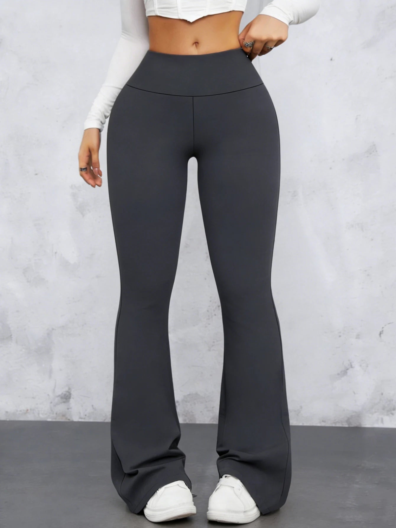Women High-waisted Dark Gray Flared Pants Hip-lifting, Spring Style Size-matched Slim-fit Pants Summer Casual Sports Pants