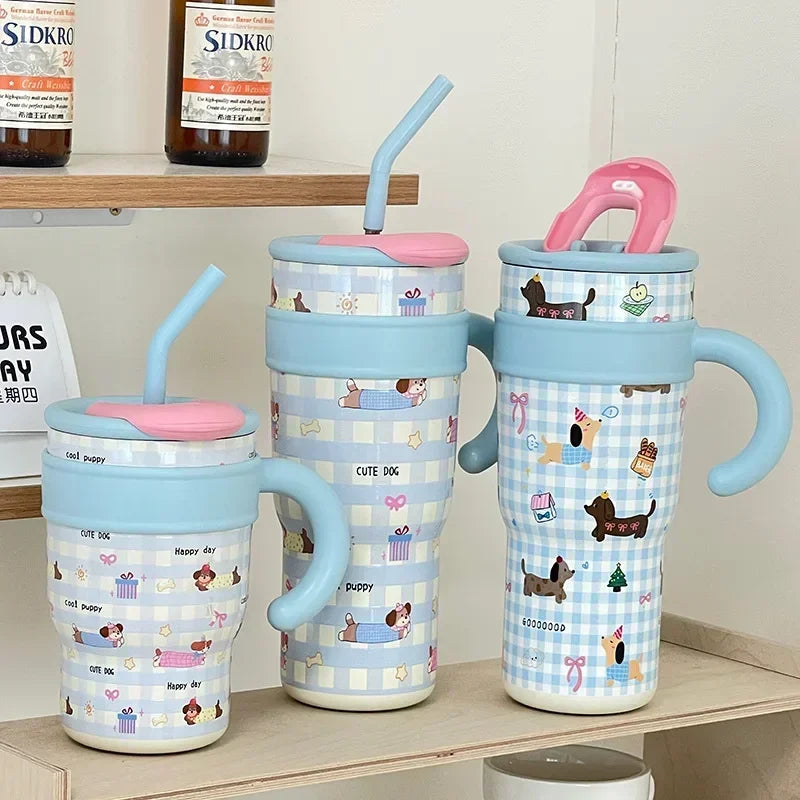 700/1200ml Large Capacity Straw Thermos Cup Stainless Steel Tumbler Bottle Car Travel Mugs With Handle Kawaii Thermos Cup Gift