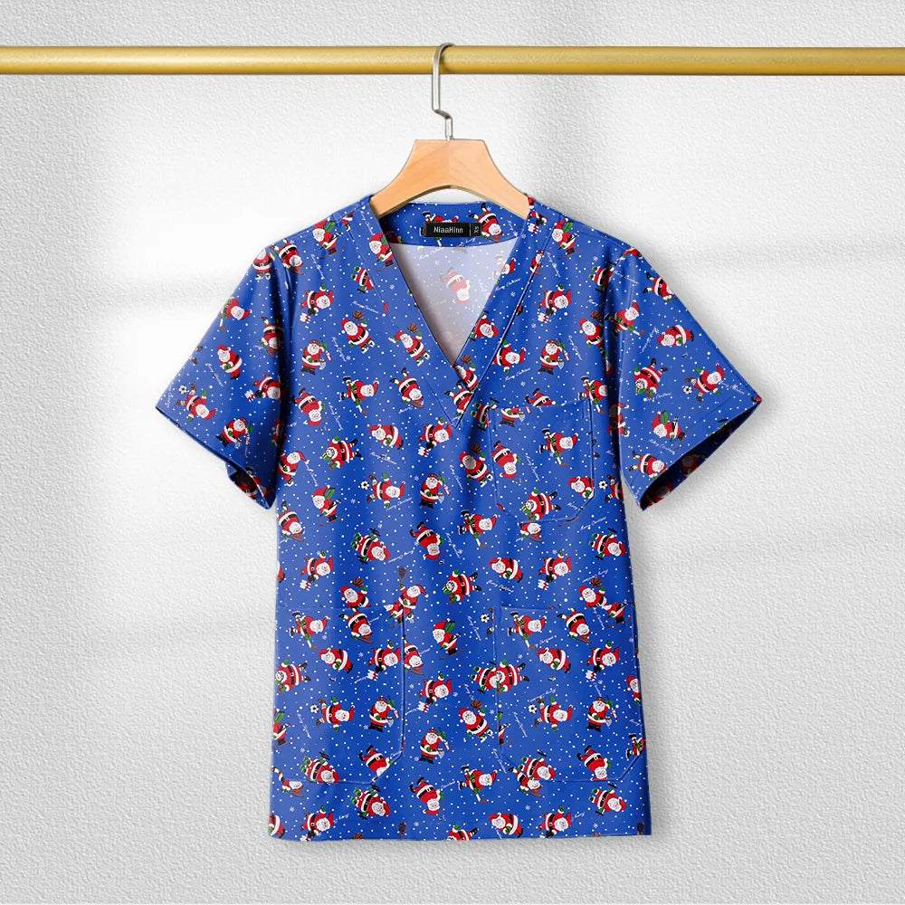 Short Sleeve V Neck Print Christmas Uniform Nursing Tops Male Scrub Nurse Working Uniforms T-Shirts Workwear Women Beauty Scrubs