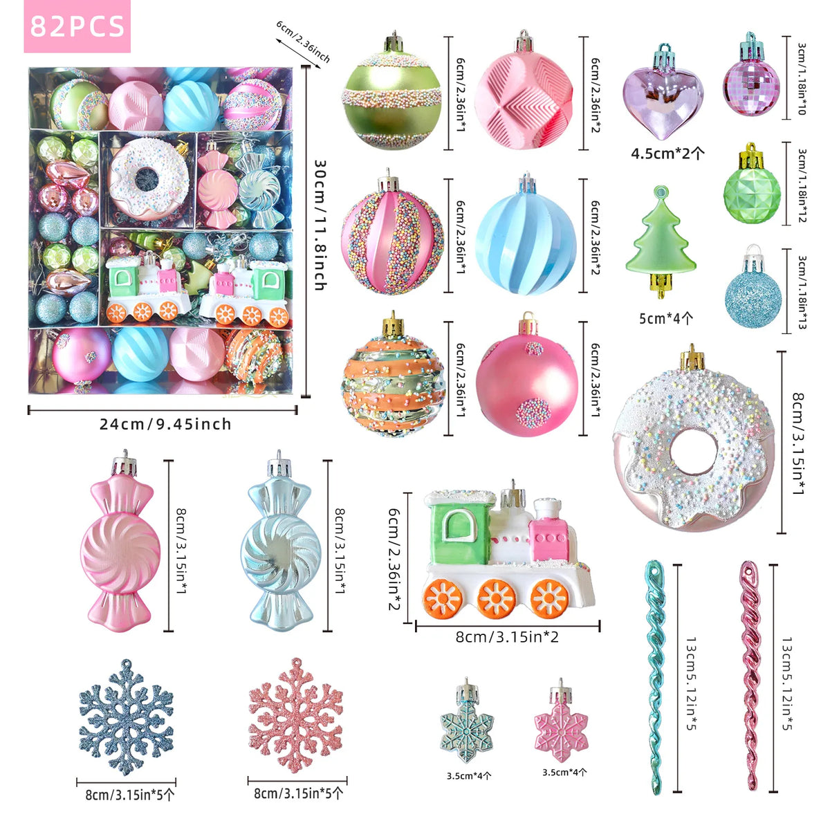 82PCS Assorted Christmas Ornaments Set Large Christmas Tree Decorations 3–8CM Christmas Balls Assorted Xmas Ornaments Decor Set