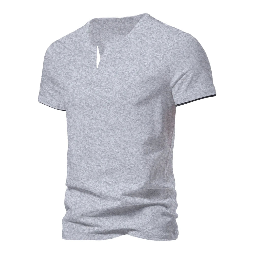 Men's T-shirt Summer Henley V-neck Short Sleeve Men Casual Slim Fit Basic Loose Fitness Sports Breathable Top