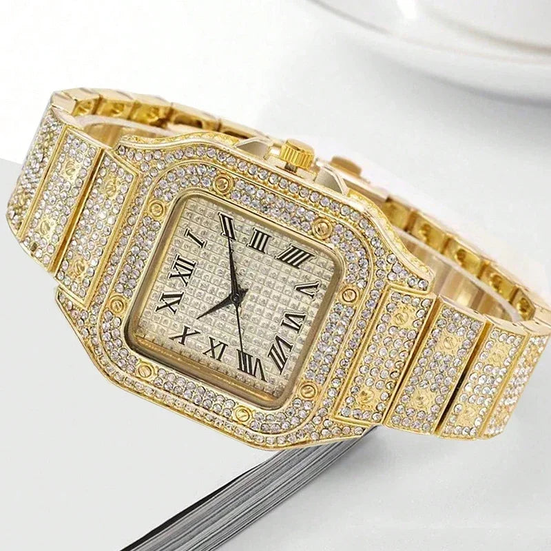2pcs Set Luxury Diamond Men's Watches Business Stainless Steel Quartz Wristwatch Male Casual Silver Bracelet Wrist Watch