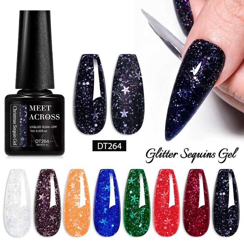 MEET ACROSS 7ml Snowflakes Sequins Gel Nail Polish For Nails Christmas Glitter Shiny Nail Art Gel Varnish Nail Supplies Manicure