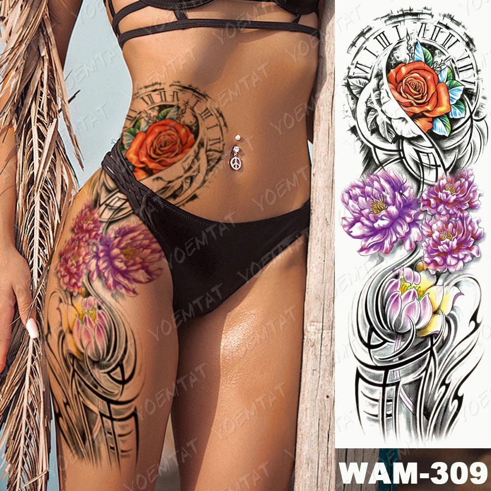 Large Arm Sleeve Tattoo Gun Rose Lion Waterproof Temporary Tattoo Sticker Clock Flower Waist Leg Body Art Full Fake Tatoo Women
