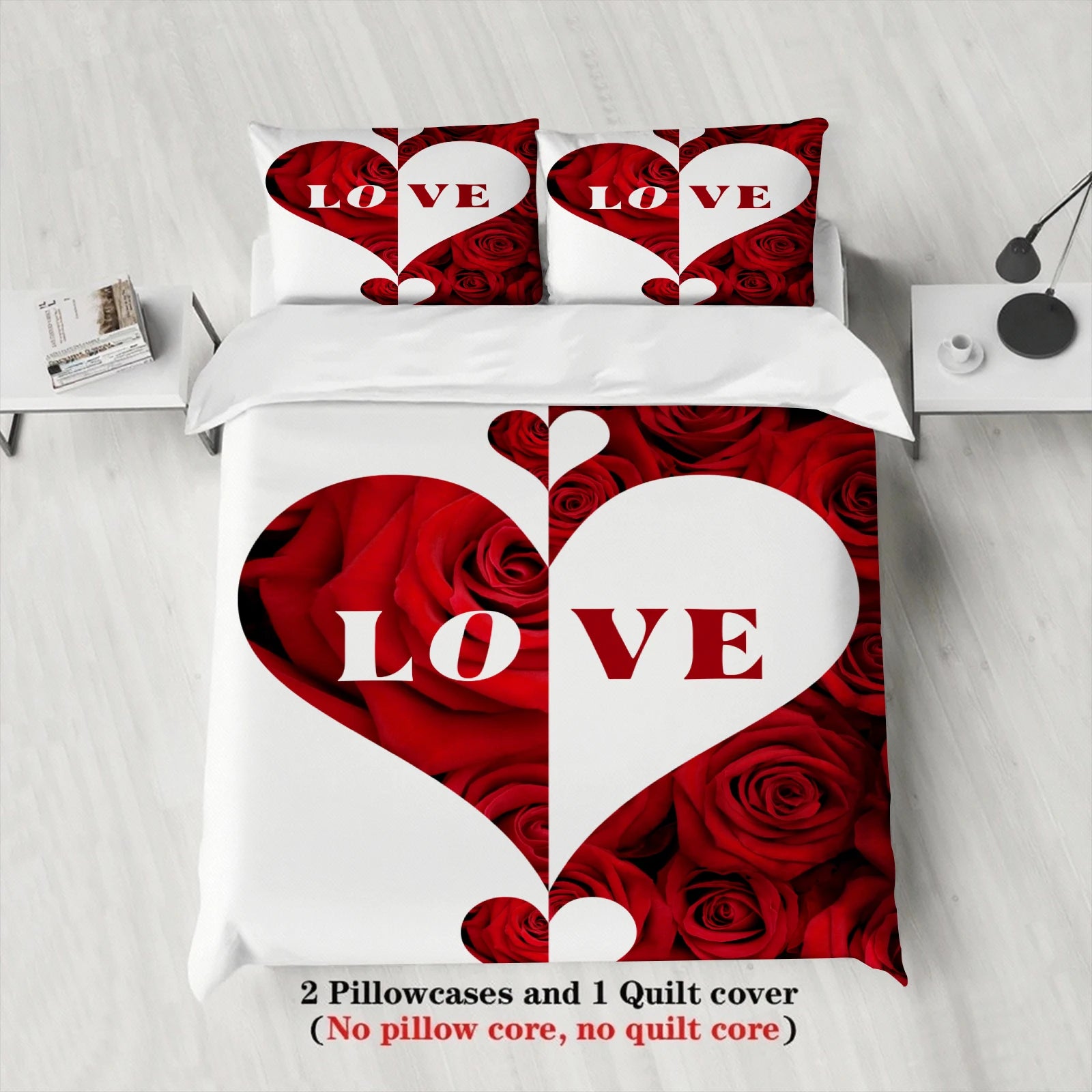Love Rose Heart Bedding Set Red Romantic Duvet Cover Set With Pillowcases For Couples Wedding Bedroom Twin DoubleQueen King Size