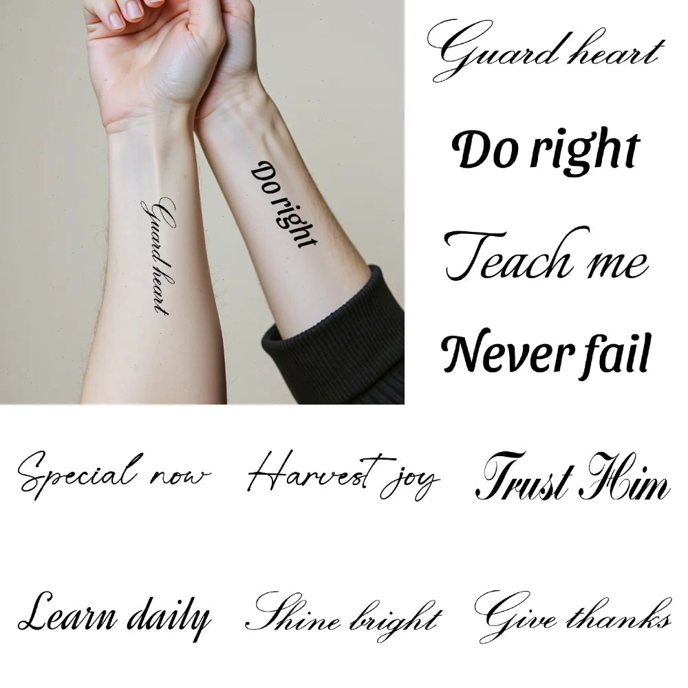 Tattoo Stickers English Word Waterproof Long Lasting Realistic Transfer Temporary Black Letters Feather Body Art For Men Women