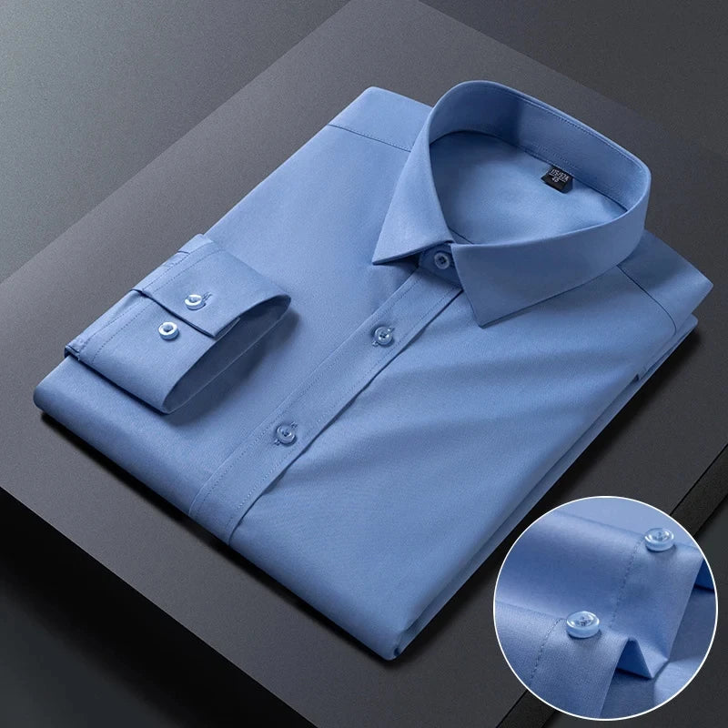 Spring Autumn Men Long Sleeve Shirts Business Casual Wrinkle Resistant Solid Color Formal Dress Slim Fit Work Social Shirt S-8XL