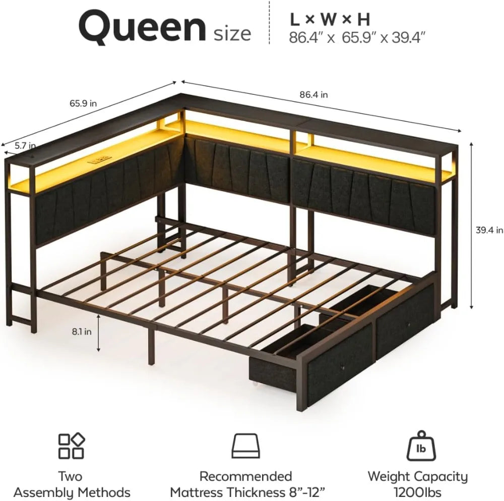 Queen Corner Bed Frame with Storage Drawers, LED Lights & Charging Station, Upholstered Metal Platform Daybed