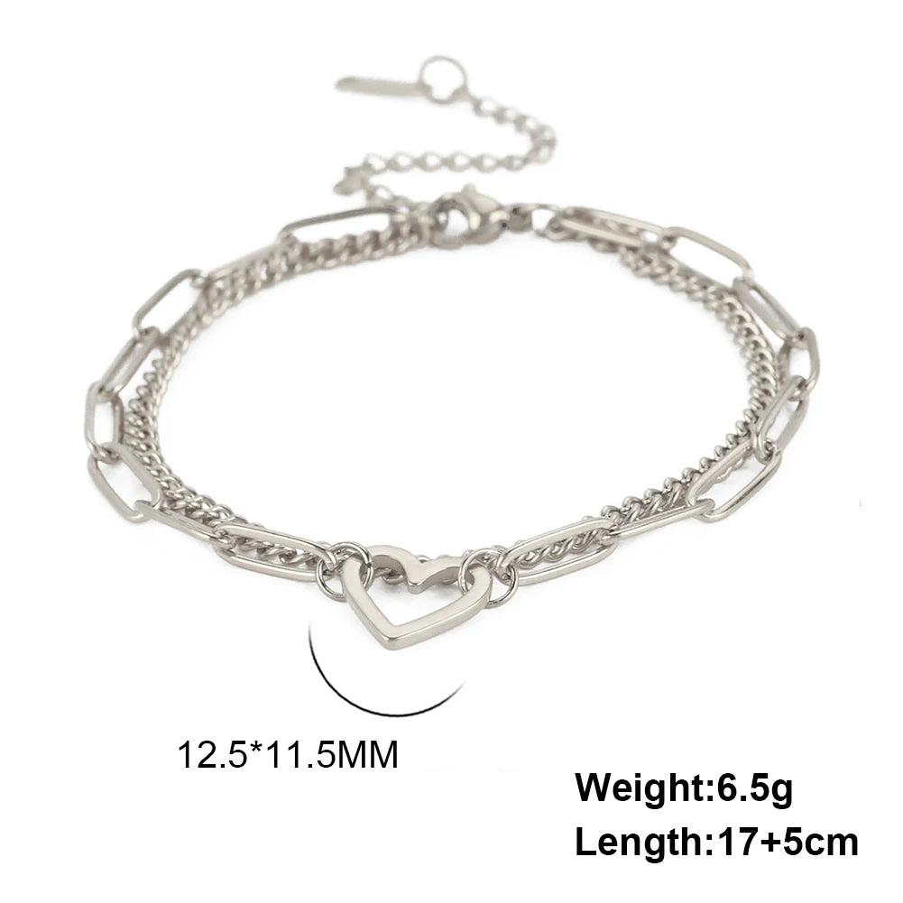 Heart Charm Bracelet Women's Stainless Steel Double Layer Paper Clip Chain Bracelet Jewelry Valentine's Day Gift New