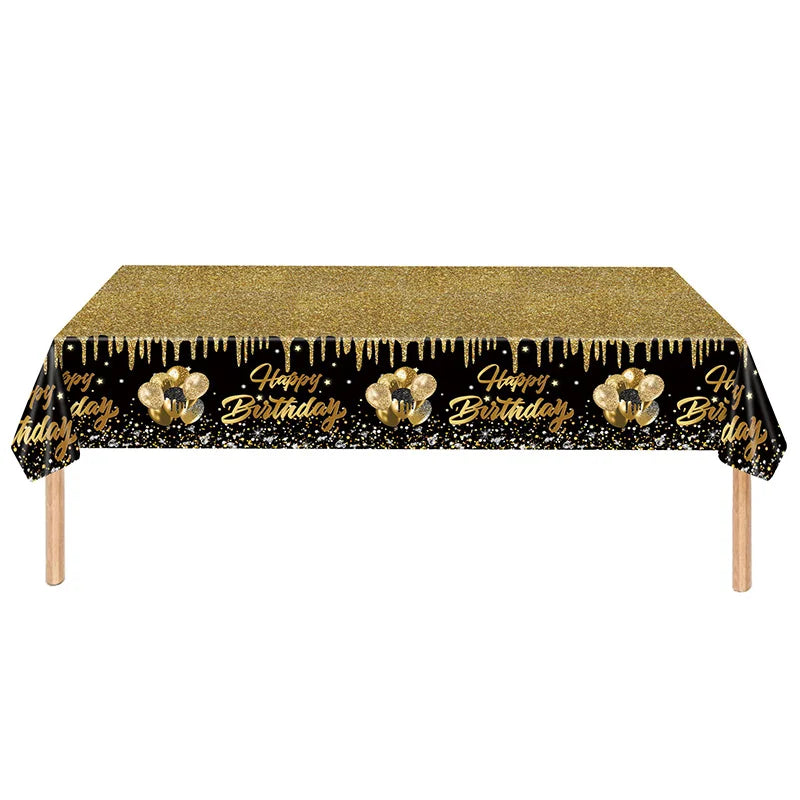 274x137cm Black Gold Disposable Tablecloth for Kids Adults 30 40 50 60 Happy Birthday Party Decoration Home Table Cover Supplies