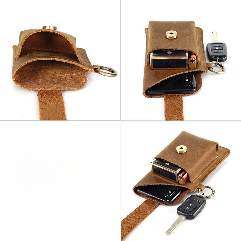 Men's Genuine Leather Retro Mobile Phone Bag Fanny Pack Sports Tactical Belt Pouch Waist Pack Hip Sack