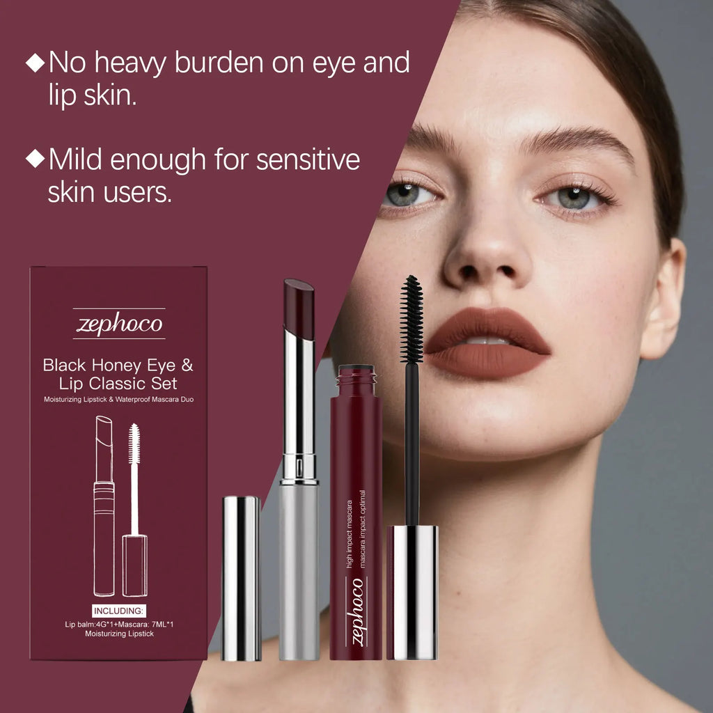 Anti-Fading Black Honey Eye & Lip Classic Set Moisturizing Glossy Plumping Lips Lipstick Eyelashes Curling Makeup Cosmetic Tool