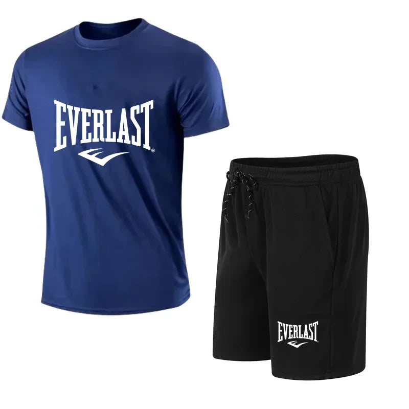 Men's T-shirt + Shorts 2-piece Set - Comfortable and Breathable Short-Sleeved Sporty Running Fitness Brand Printed Clothing