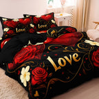 3Pcs Red Rose Heart Letter Love Print Bedding Set Included 1 Duvet Cover & 2 Pillowcases For All-Season Home Hotel Dorm Decor