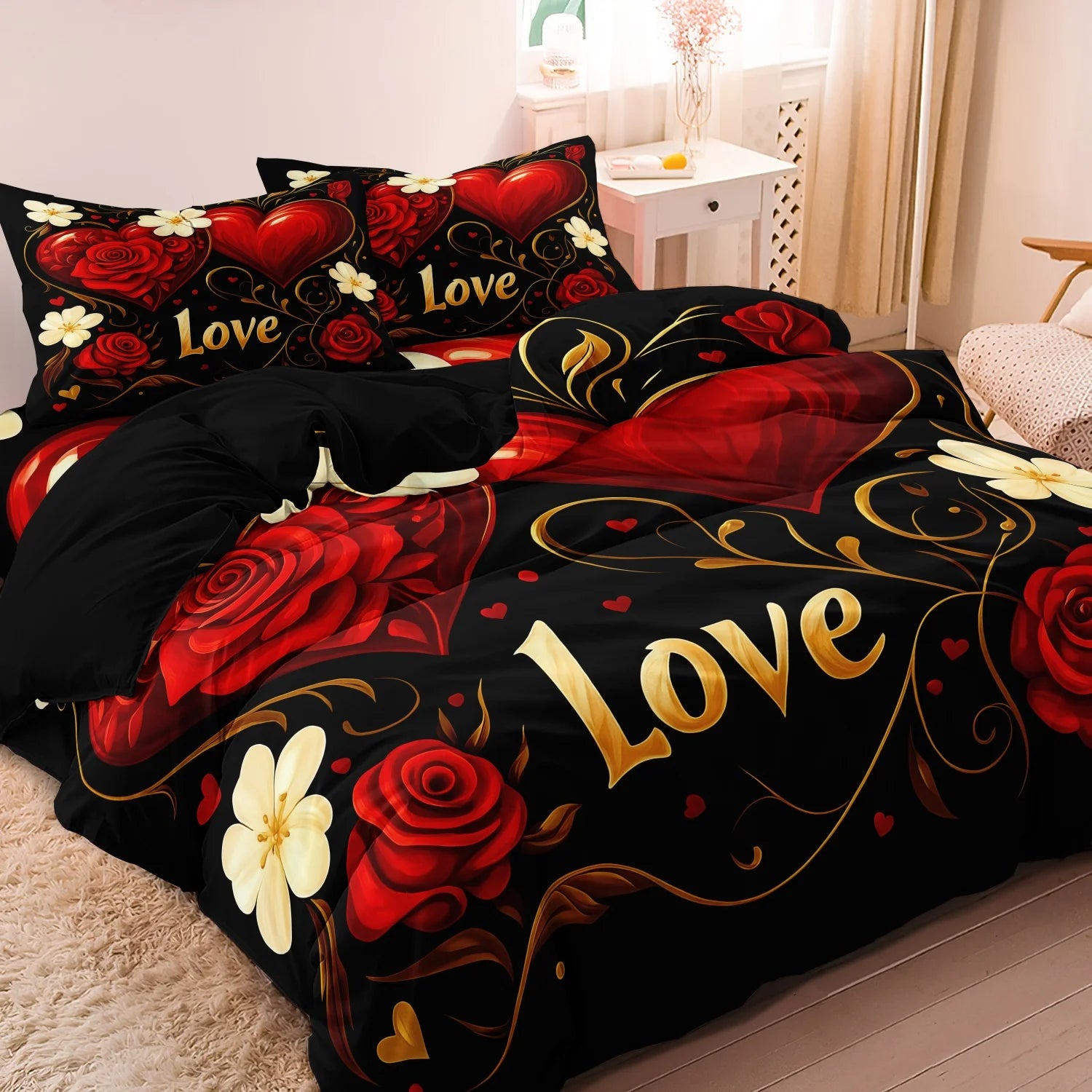 3Pcs Red Rose Heart Letter Love Print Bedding Set Included 1 Duvet Cover & 2 Pillowcases For All-Season Home Hotel Dorm Decor